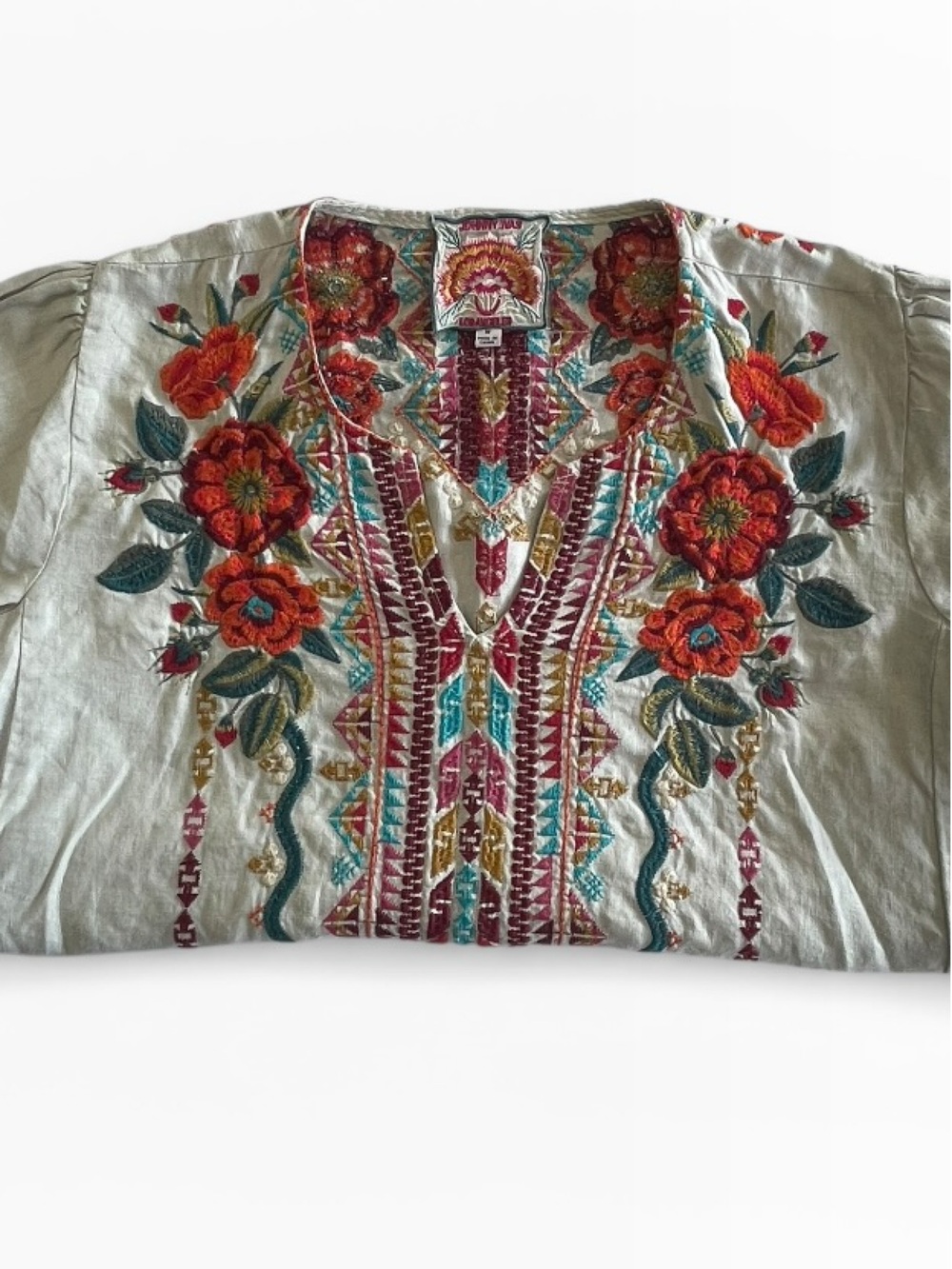 Johnny Was Linen Embroidered Boho Blouse Floral Tunic Top Relaxed Fit - Picture 9 of 16